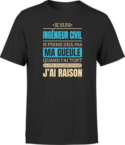 T shirt homme j ai raison je suis ingenieur civil